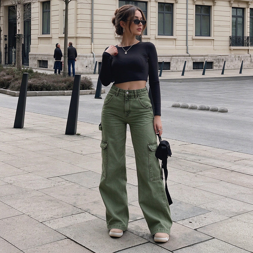 👜 -50 % sur toute la mode femme ! ✨Pantalon cargo en denim stretch taille haute pour femme