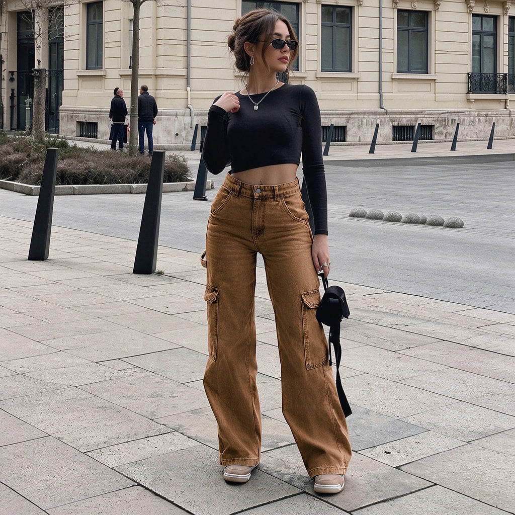 👜 -50 % sur toute la mode femme ! ✨Pantalon cargo en denim stretch taille haute pour femme