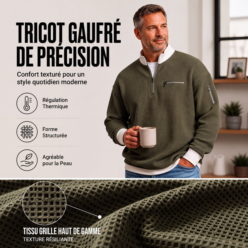 ⏳Liquidation totale⏳Sweatshirt décontracté pour homme en tissu nid d'abeille avec zip au quart
