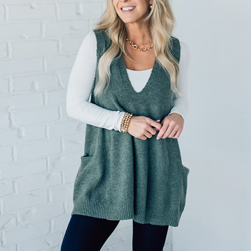 👜 -50 % sur toute la mode femme ! ✨Gilet en Tricot à Col en V Ample avec Poches pour Femmes