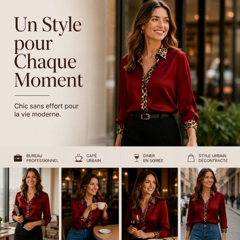 👜 -50 % sur toute la mode femme ! ✨Chemisier en satin à imprimé léopard et patchwork pour femme