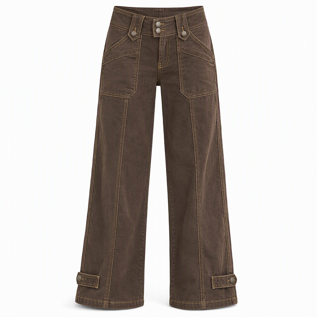 Pantalon à pattes d'éléphant utilitaire pour femme en coton mélangé lavé avec coutures contrastées