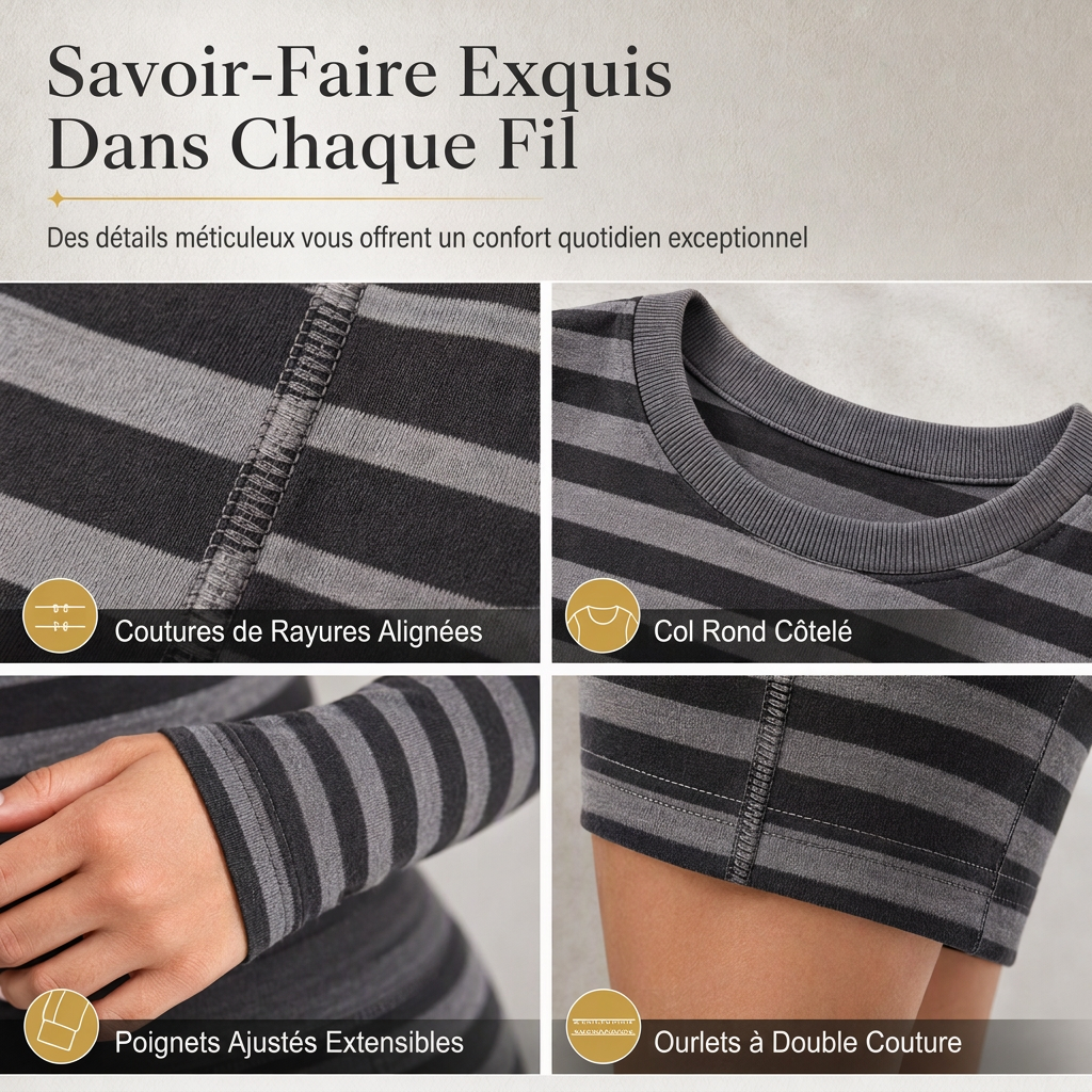 Ensemble de détente et de sport slim à rayures et blocs de couleur, haut à col rond et pantalon à manches longues pour femme