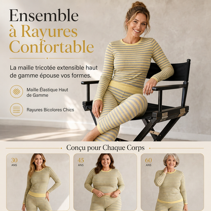 Ensemble de détente et de sport slim à rayures et blocs de couleur, haut à col rond et pantalon à manches longues pour femme