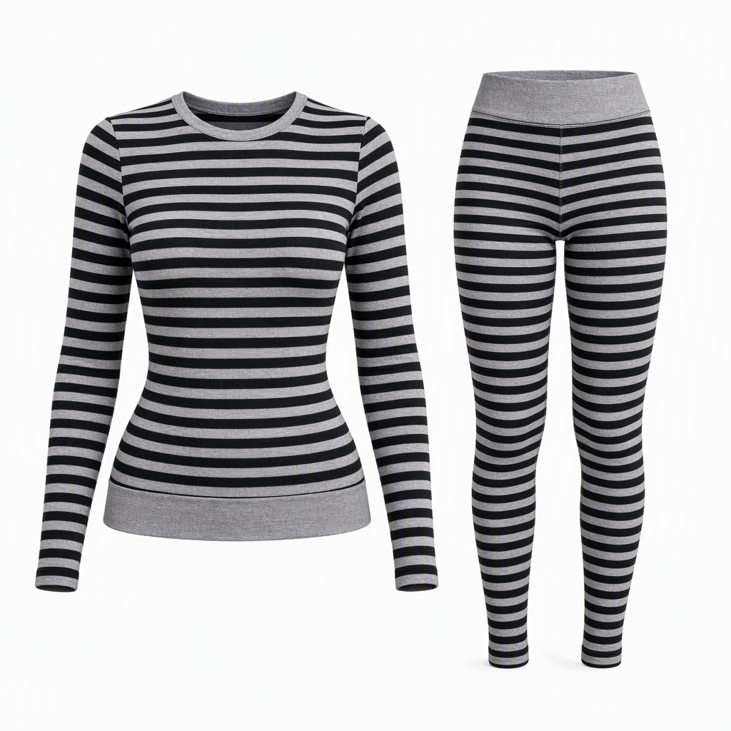 Ensemble de détente et de sport slim à rayures et blocs de couleur, haut à col rond et pantalon à manches longues pour femme