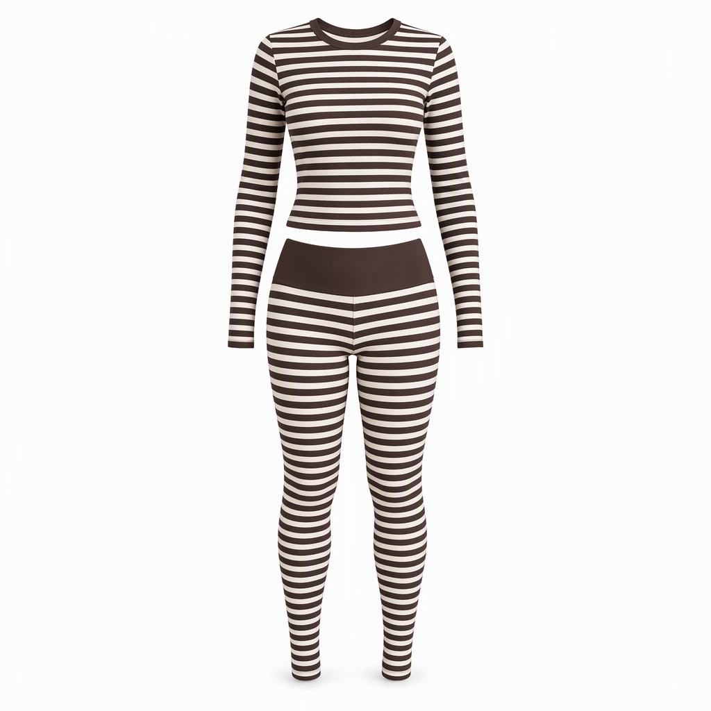 Ensemble de détente et de sport slim à rayures et blocs de couleur, haut à col rond et pantalon à manches longues pour femme