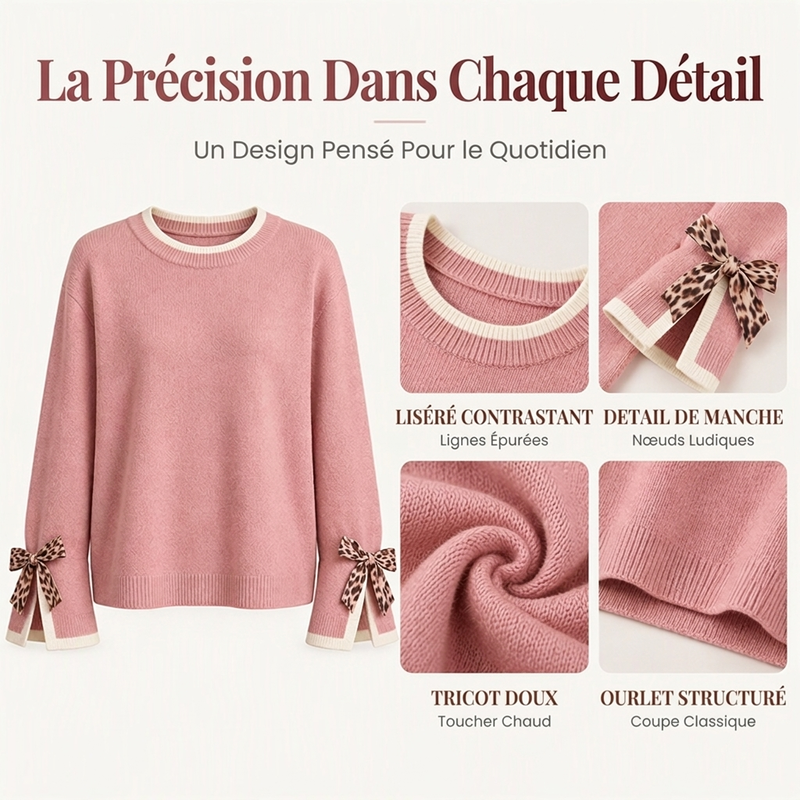 👜 -50 % sur toute la mode femme ! ✨Pull col rond pour femme avec poignets nœuds léopard