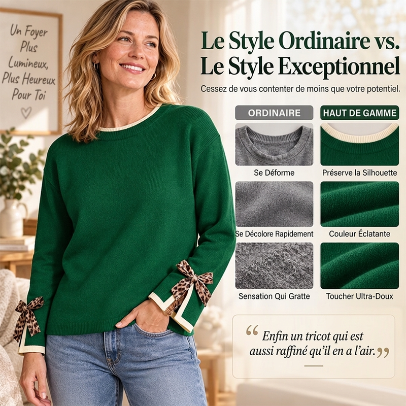 👜 -50 % sur toute la mode femme ! ✨Pull col rond pour femme avec poignets nœuds léopard