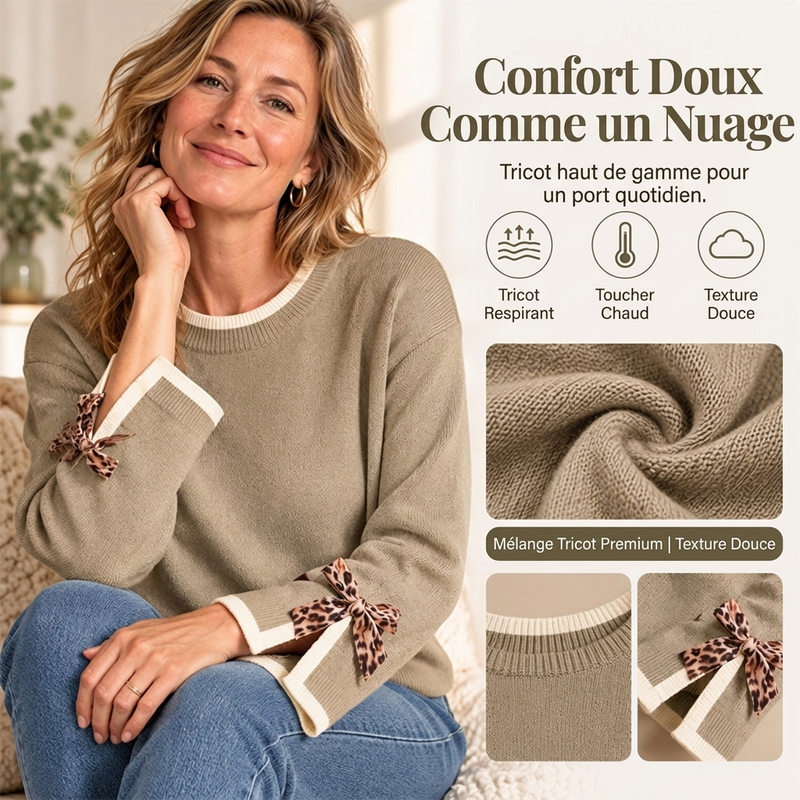 👜 -50 % sur toute la mode femme ! ✨Pull col rond pour femme avec poignets nœuds léopard