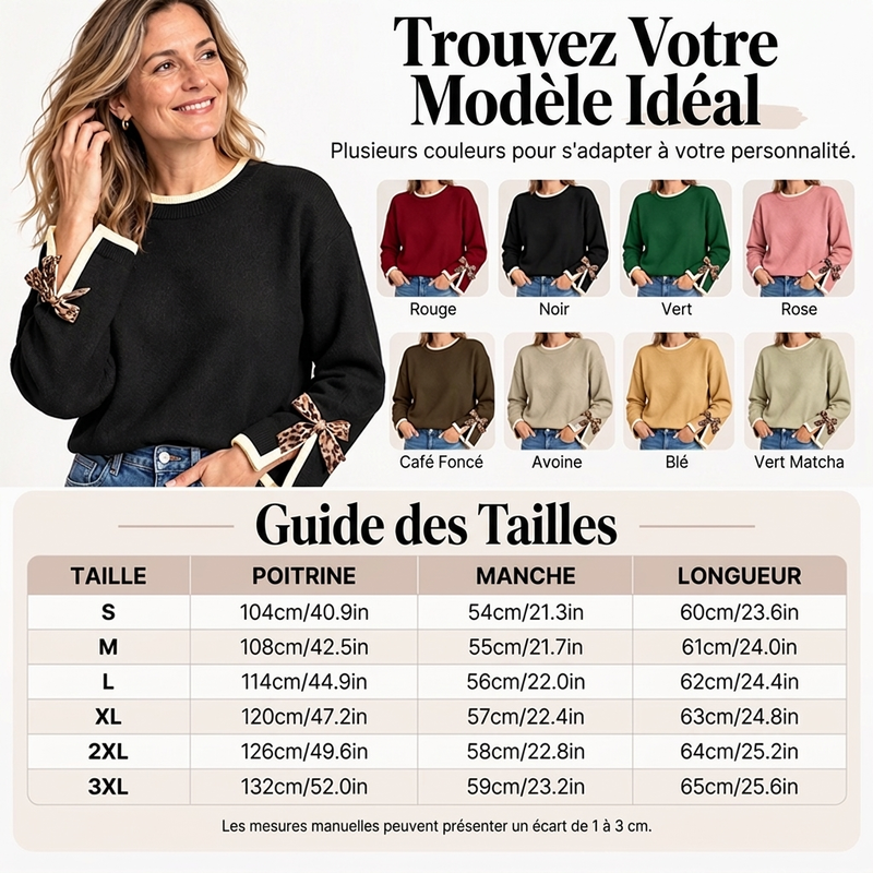 👜 -50 % sur toute la mode femme ! ✨Pull col rond pour femme avec poignets nœuds léopard