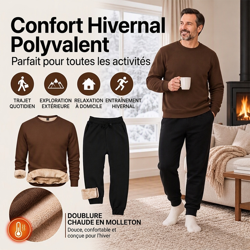 Ensemble survêtement chaud d'hiver pour homme, sweat à capuche et pantalon de sport