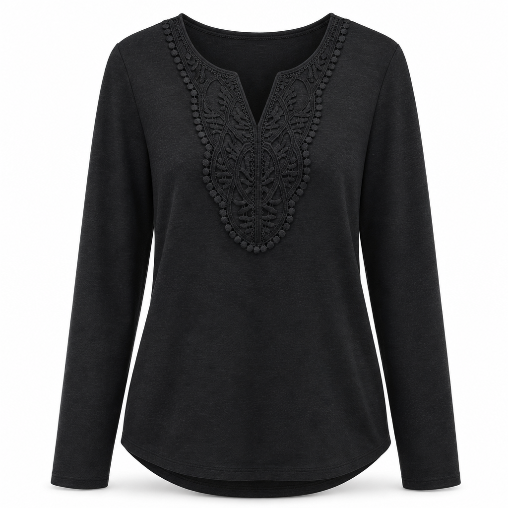 Blouse ample à manches longues et col V en dentelle bohème pour femme