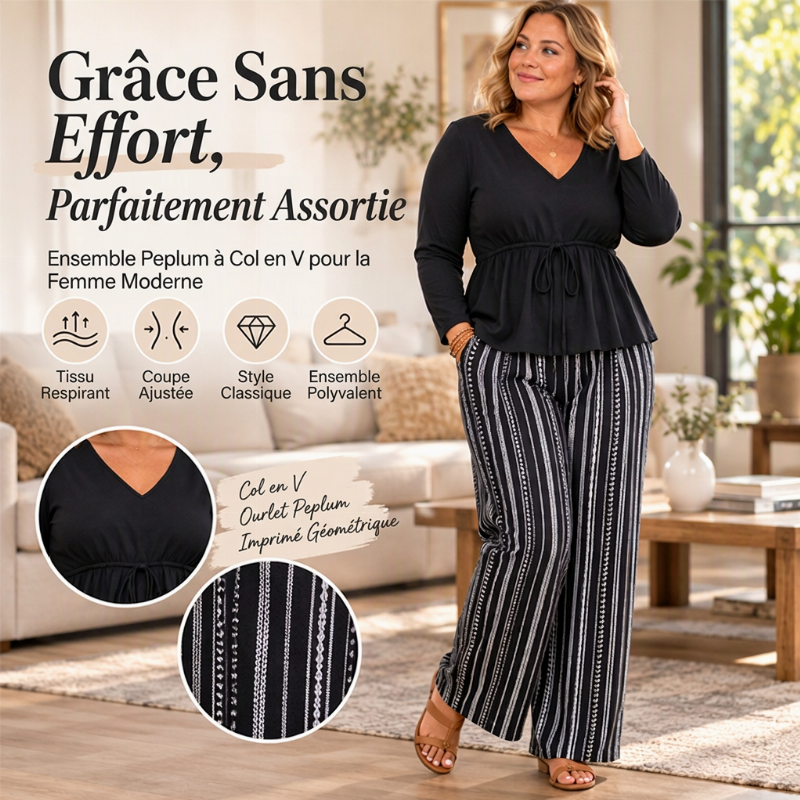 💖Soldes ! Prix cassés💖Ensemble Femme Top Volant à Col V et Pantalon à Rayures