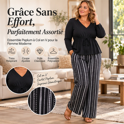 💖Soldes ! Prix cassés💖Ensemble Femme Top Volant à Col V et Pantalon à Rayures