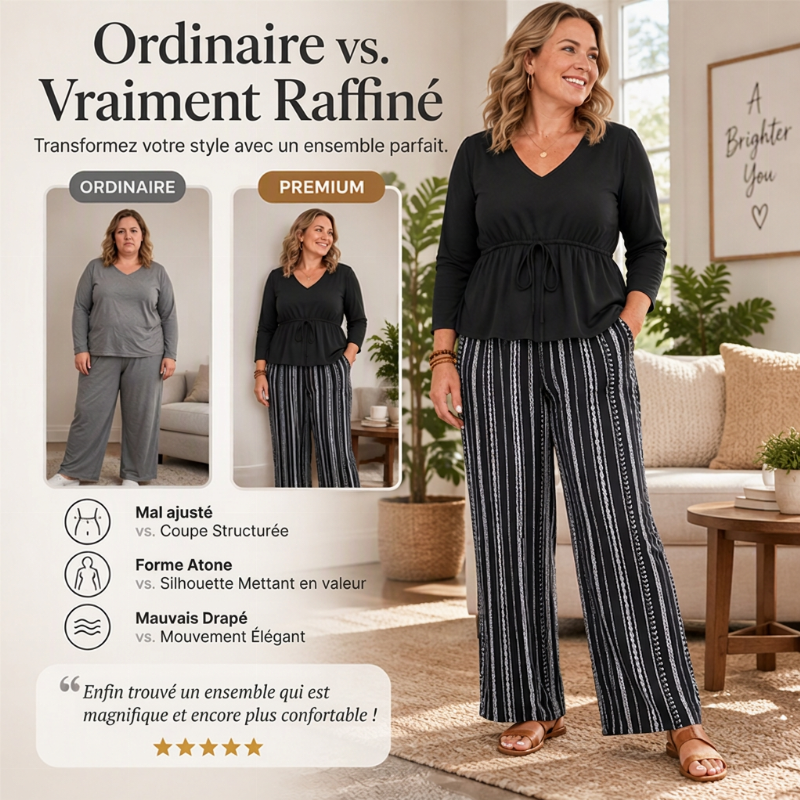 💖Soldes ! Prix cassés💖Ensemble Femme Top Volant à Col V et Pantalon à Rayures