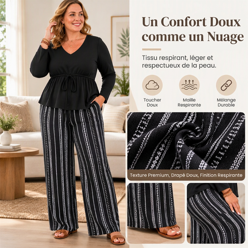 💖Soldes ! Prix cassés💖Ensemble Femme Top Volant à Col V et Pantalon à Rayures