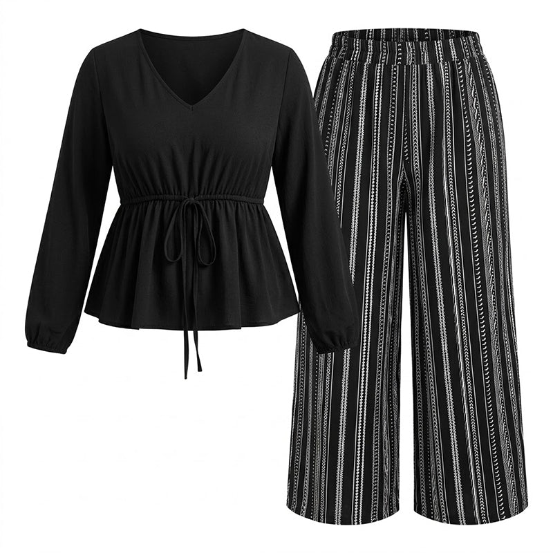 💖Soldes ! Prix cassés💖Ensemble Femme Top Volant à Col V et Pantalon à Rayures