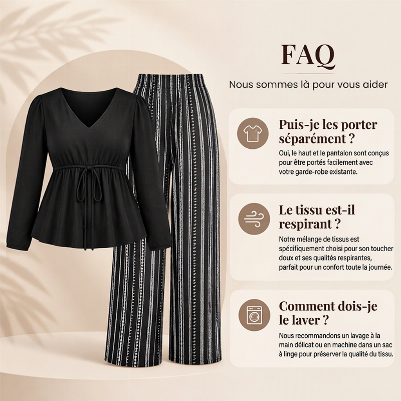 💖Soldes ! Prix cassés💖Ensemble Femme Top Volant à Col V et Pantalon à Rayures