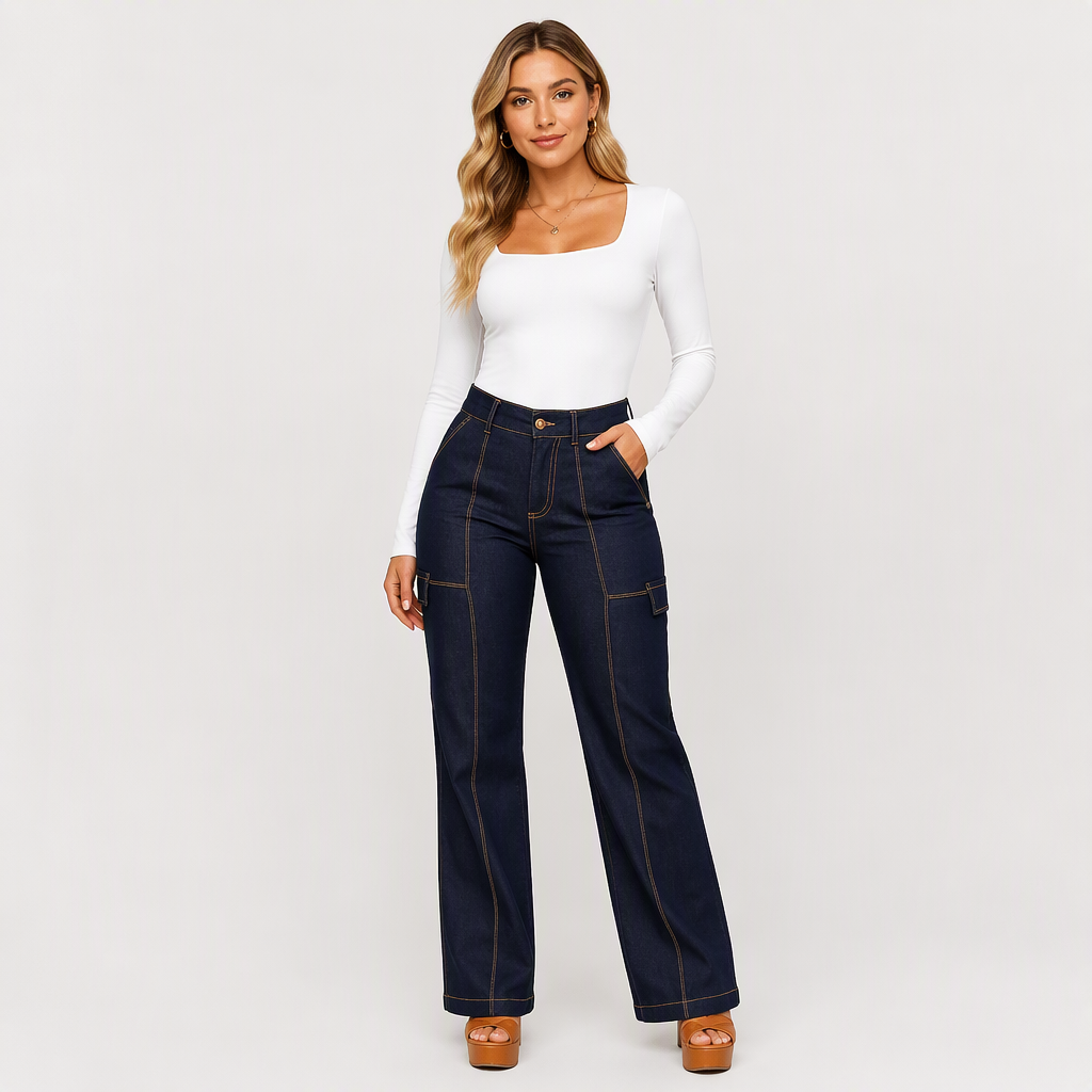 💖Soldes ! Prix cassés💖Jeans à jambe large à taille haute avec coutures contrastées pour femmes