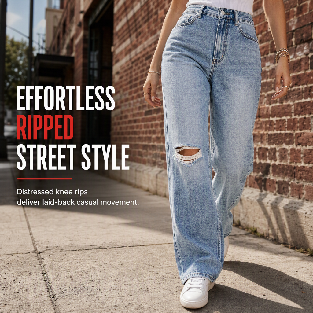 Jean en denim déchiré à taille haute et jambe large pour femme, pantalon droit détressé