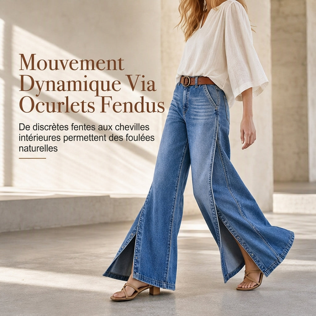 Jean femme taille haute jambe large avec ourlets fendus