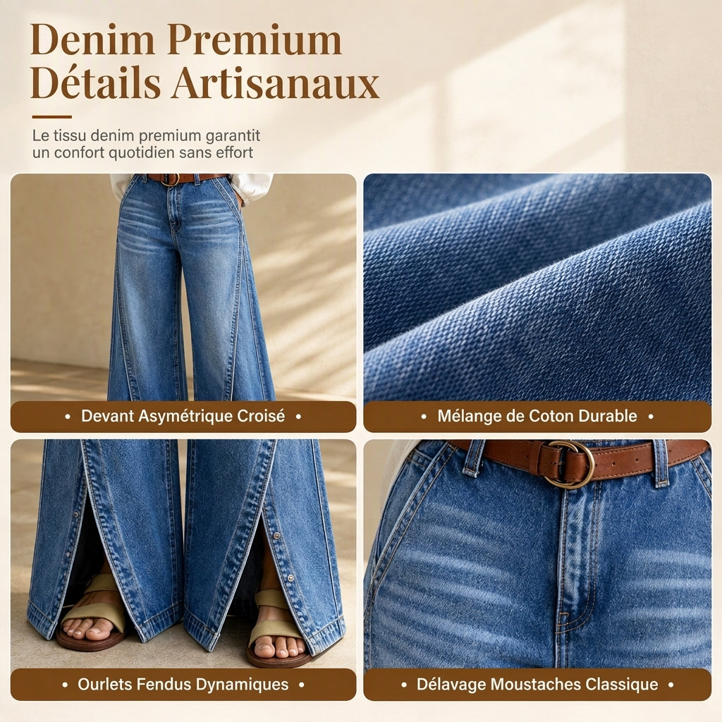 Jean femme taille haute jambe large avec ourlets fendus