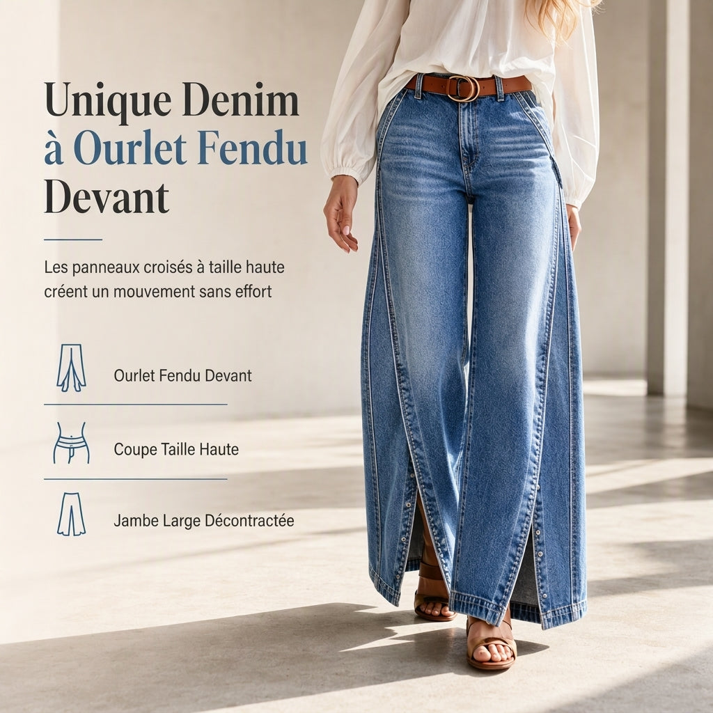 Jean femme taille haute jambe large avec ourlets fendus