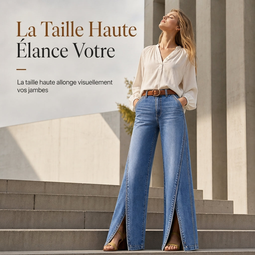 Jean femme taille haute jambe large avec ourlets fendus