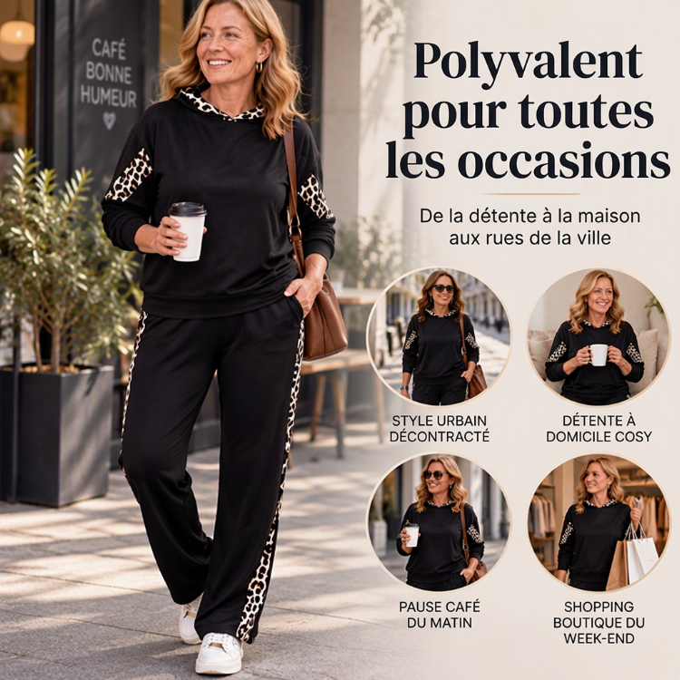 💖Soldes ! Prix cassés💖Ensemble féminin haut à imprimé léopard et pantalon droit taille haute