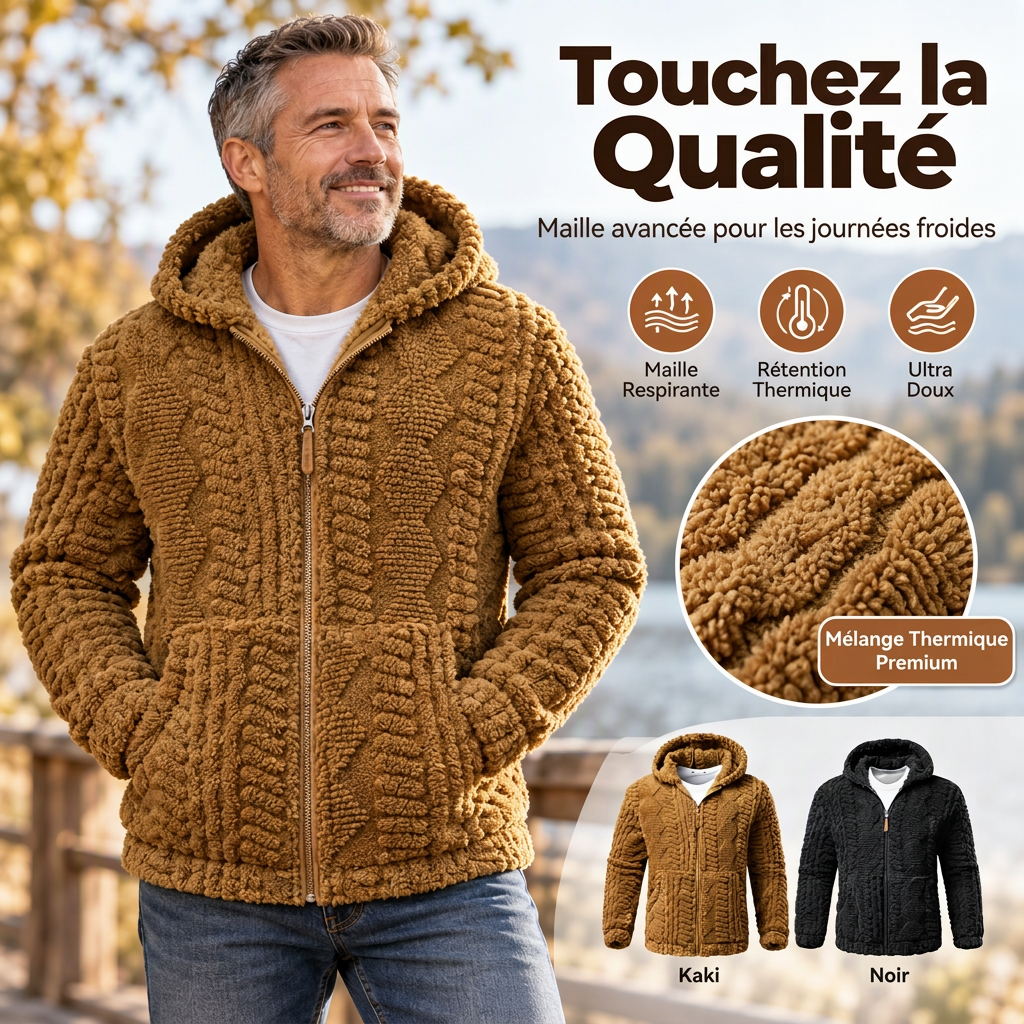 💖Soldes ! Prix cassés💖Veste à capuche zippée en sherpa texturé pour homme