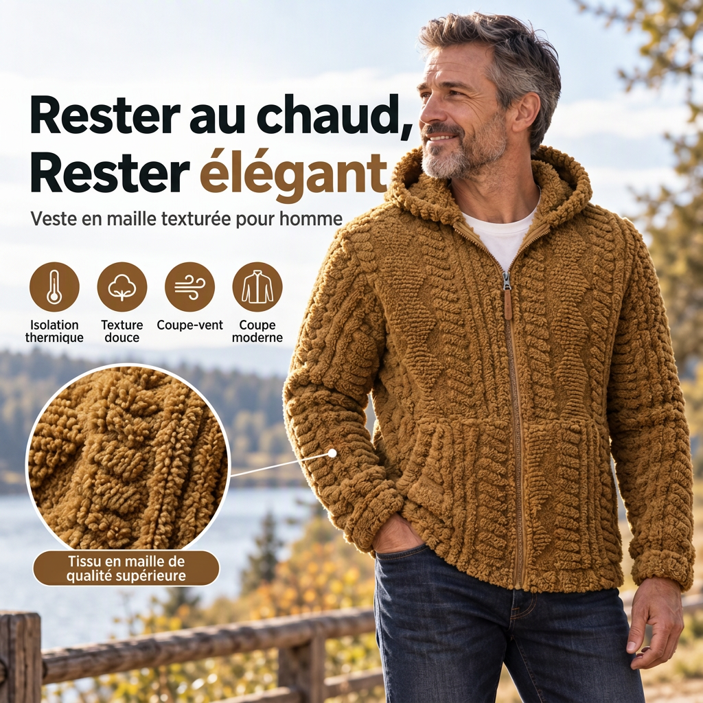 💖Soldes ! Prix cassés💖Veste à capuche zippée en sherpa texturé pour homme