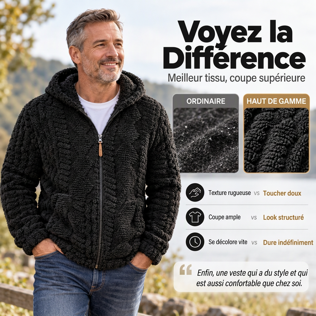 💖Soldes ! Prix cassés💖Veste à capuche zippée en sherpa texturé pour homme