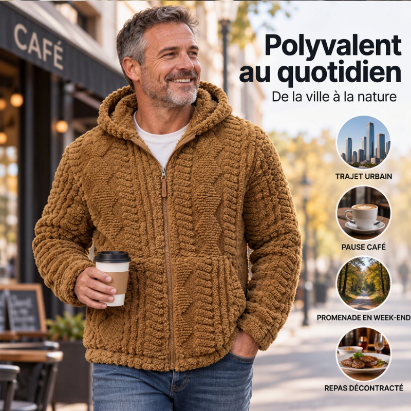 💖Soldes ! Prix cassés💖Veste à capuche zippée en sherpa texturé pour homme