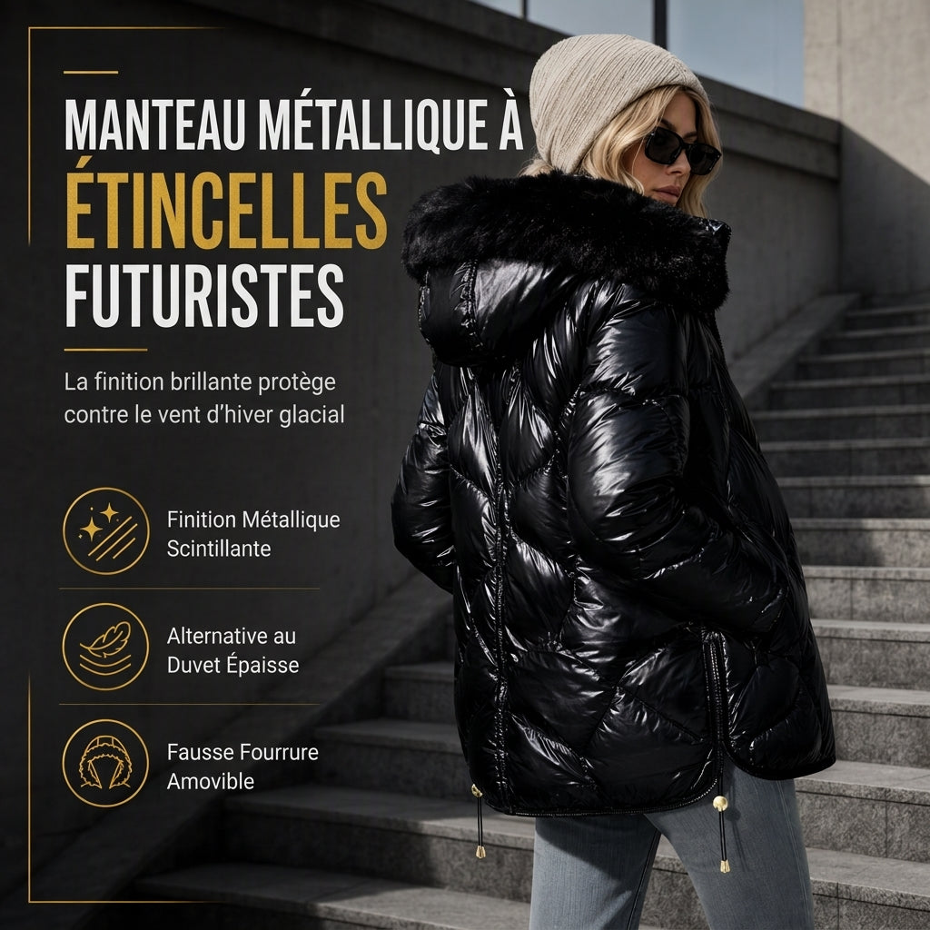 Manteau d'hiver slim en coton matelassé à capuche et col fourrure pour femme, brillant nacré