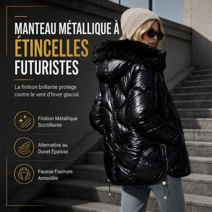 Manteau d'hiver slim en coton matelassé à capuche et col fourrure pour femme, brillant nacré
