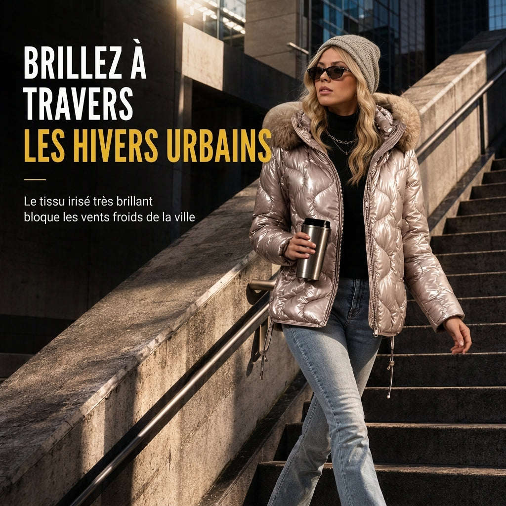 Manteau d'hiver slim en coton matelassé à capuche et col fourrure pour femme, brillant nacré