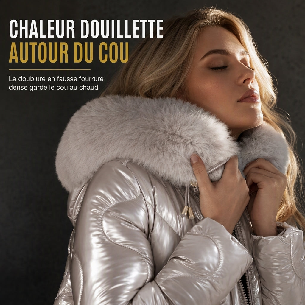 Manteau d'hiver slim en coton matelassé à capuche et col fourrure pour femme, brillant nacré