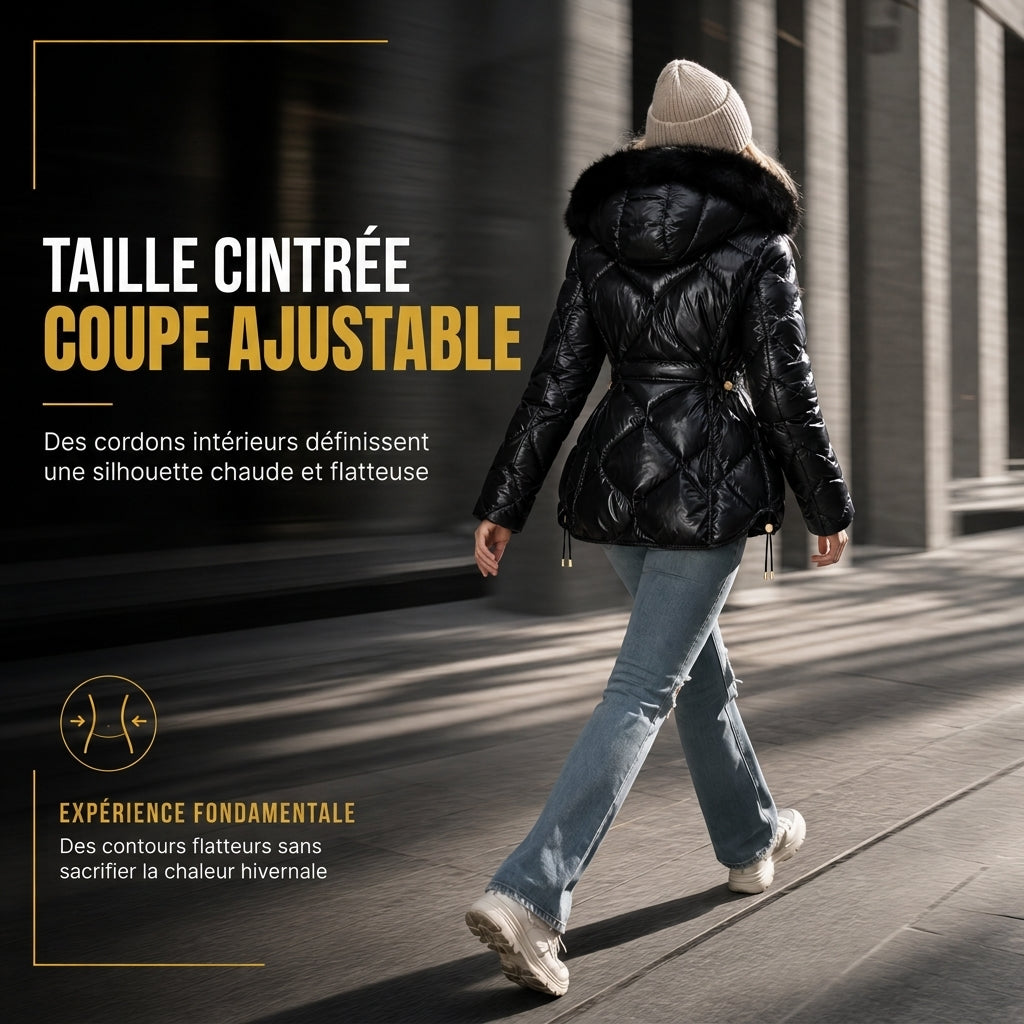 Manteau d'hiver slim en coton matelassé à capuche et col fourrure pour femme, brillant nacré