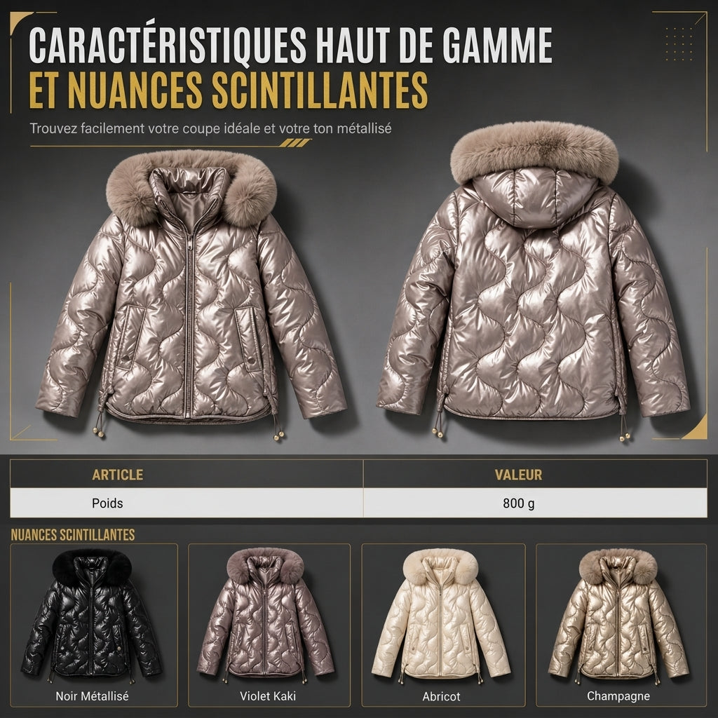 Manteau d'hiver slim en coton matelassé à capuche et col fourrure pour femme, brillant nacré