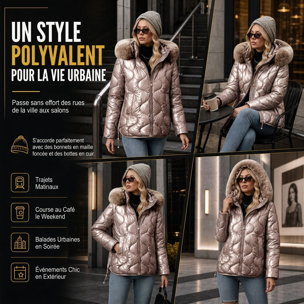 Manteau d'hiver slim en coton matelassé à capuche et col fourrure pour femme, brillant nacré