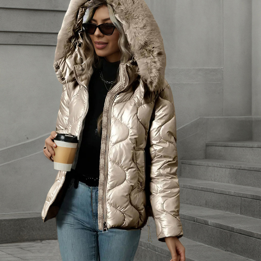 Manteau d'hiver slim en coton matelassé à capuche et col fourrure pour femme, brillant nacré