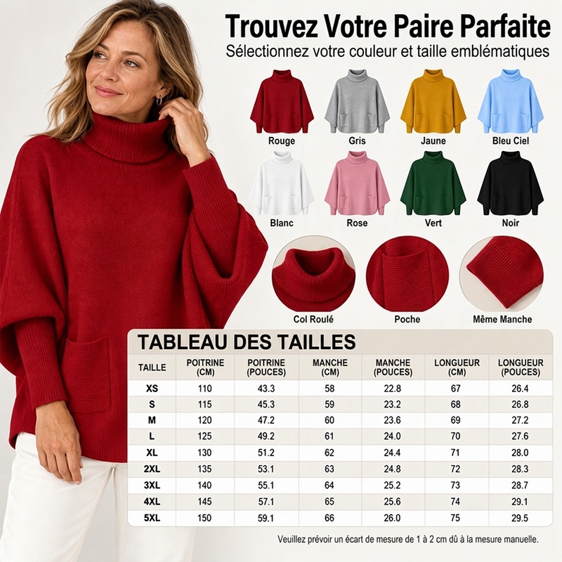 💖Soldes ! Prix cassés💖Pull en maille femme à col roulé et manches chauve-souris