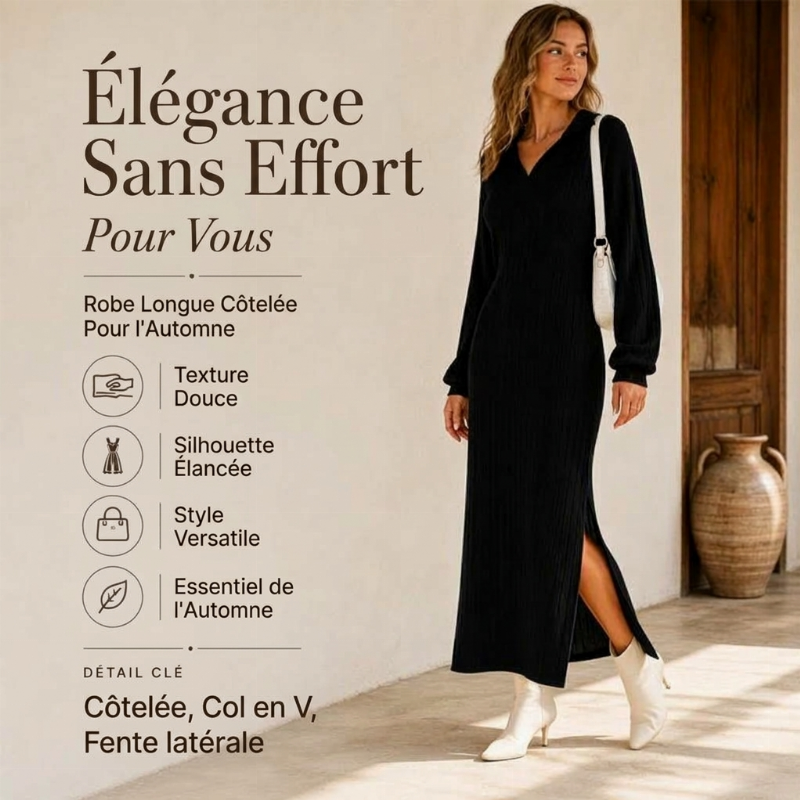 💖Soldes ! Prix cassés💖Robe longue pour femme en maille côtelée avec col et fente