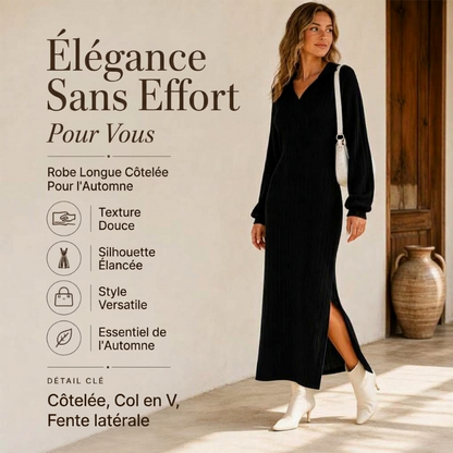 💖Soldes ! Prix cassés💖Robe longue pour femme en maille côtelée avec col et fente