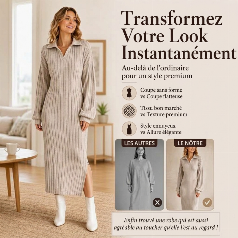 💖Soldes ! Prix cassés💖Robe longue pour femme en maille côtelée avec col et fente
