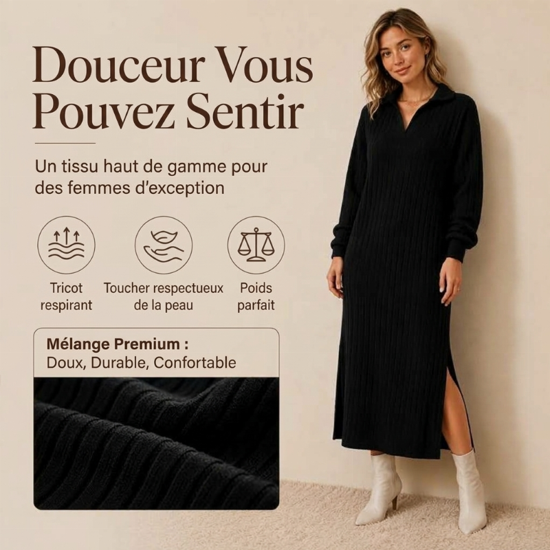 💖Soldes ! Prix cassés💖Robe longue pour femme en maille côtelée avec col et fente