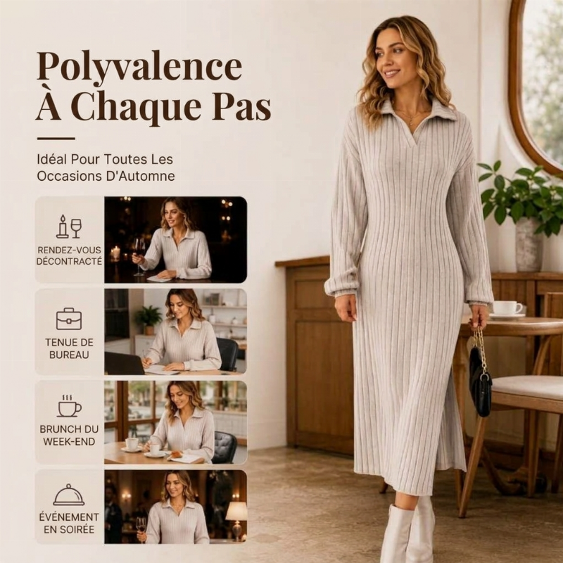 💖Soldes ! Prix cassés💖Robe longue pour femme en maille côtelée avec col et fente