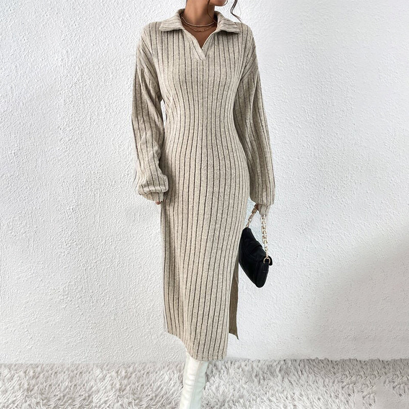 💖Soldes ! Prix cassés💖Robe longue pour femme en maille côtelée avec col et fente