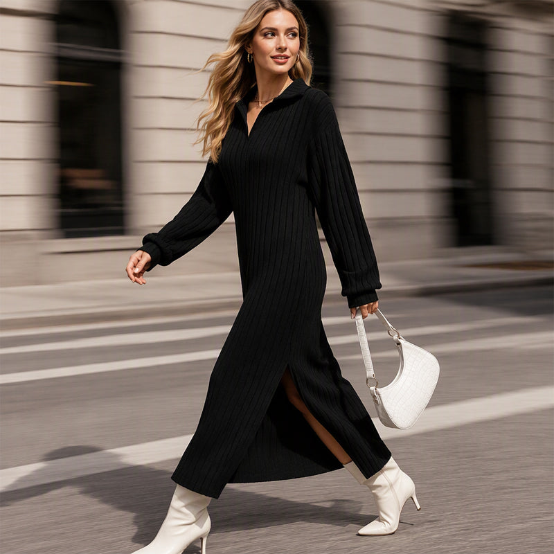 💖Soldes ! Prix cassés💖Robe longue pour femme en maille côtelée avec col et fente