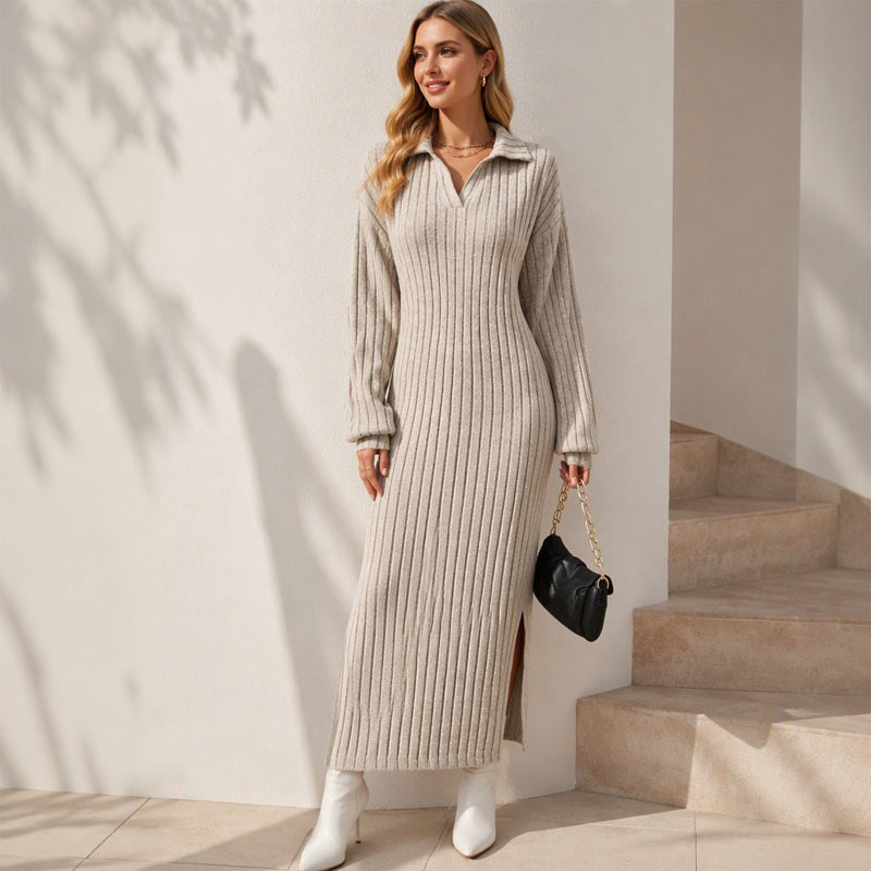💖Soldes ! Prix cassés💖Robe longue pour femme en maille côtelée avec col et fente